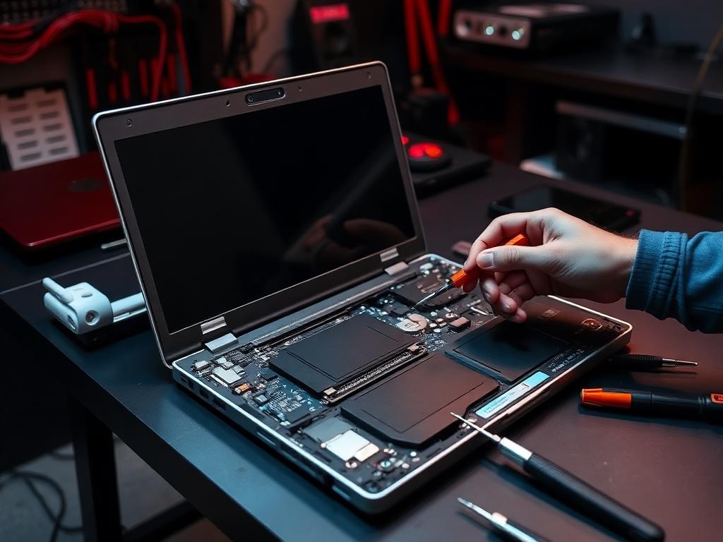 Bancada técnica da OnFix com notebook em manutenção